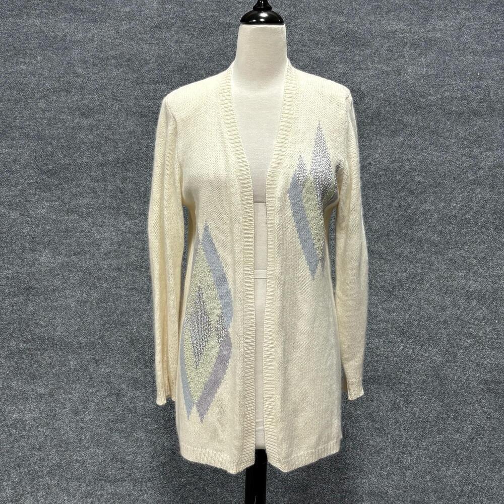 Vintage Needleworks Cardigan Sweater Womens Medium White Angora Lambswool 80s